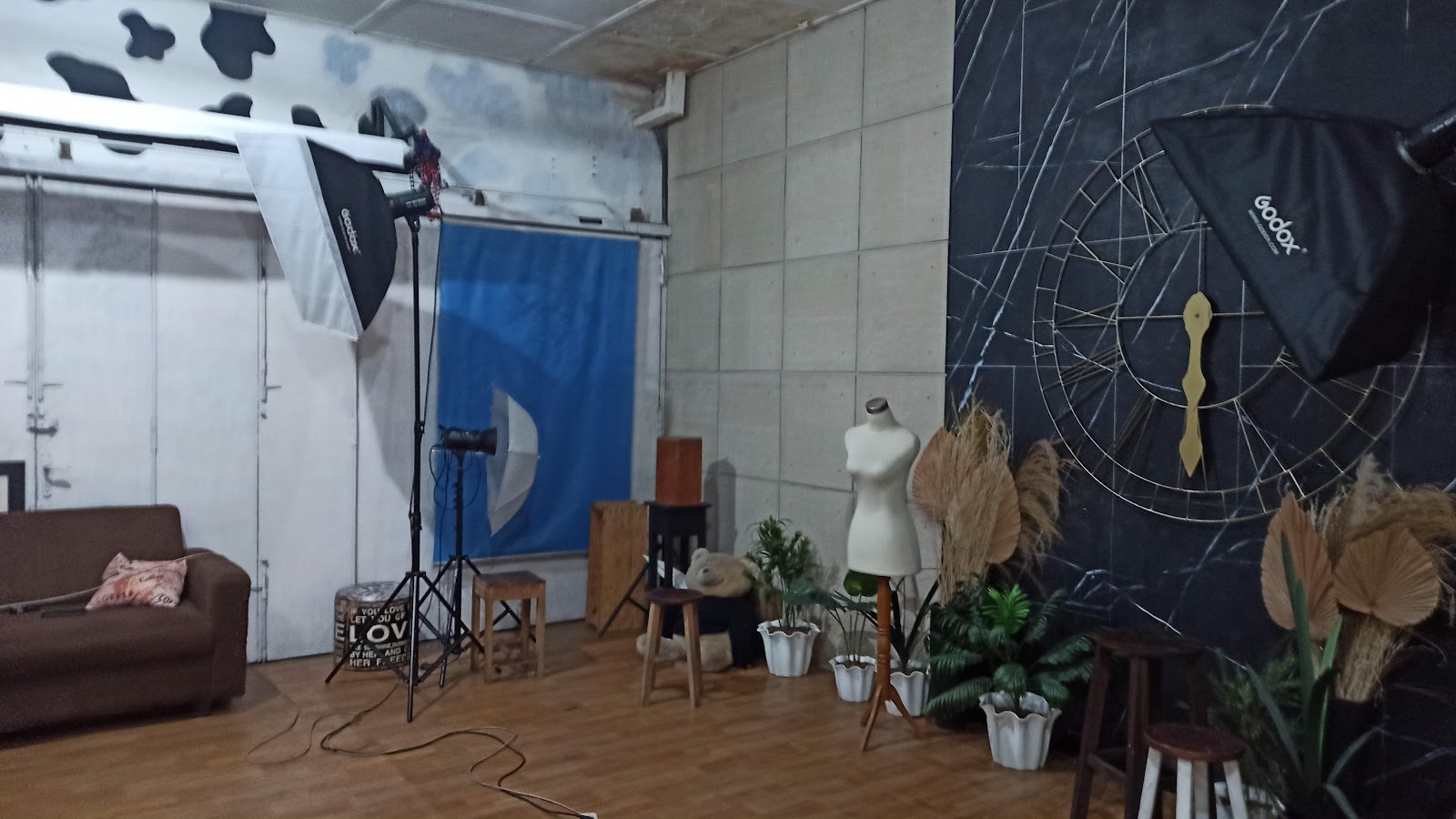 Ruang studio dengan lampu foto, latar biru dan set bunga kering